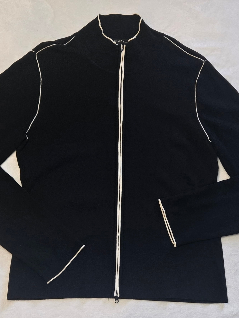 Vintage Lilly Rubin Black W/White Trim Mock Neck Rayon Nylon Jacket